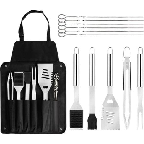 BBQ Grill Accessories Stainless Steel BBQ Tools Set Grilling Kit with Storage Apron for Kitchen Camping 18 Inch Barbecue Utensil