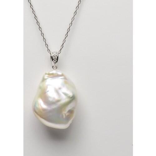 Free Shipping Big White Freshwater Cultured Kasumi Pearl Pendant 925 Sterling Silver