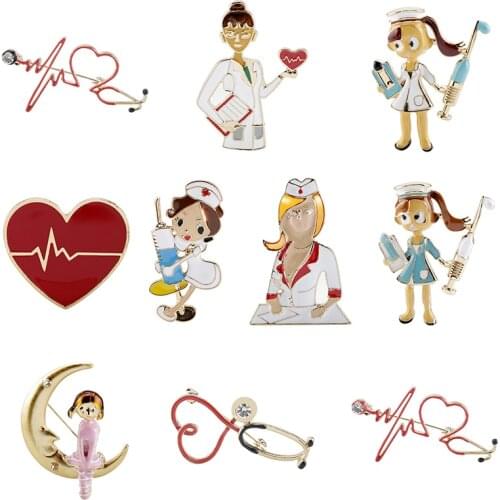 Medical Brooches Nurse Pins Enamel Colorful Stethoscope Nurse Heartbeat Shape Brooch Jewelry Cute Metal Gift for Doctor Nurse