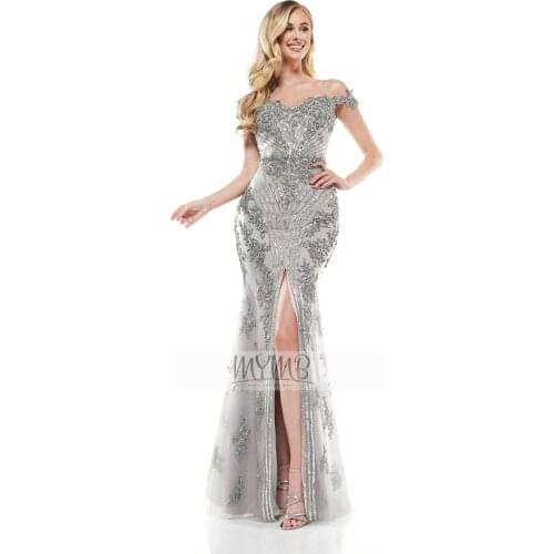 Exclusive Modest Grey Evening Prom Dress Off Shoulder Embrioderied Bodice Middle Split Formal Gowns For Women Party Floor Length