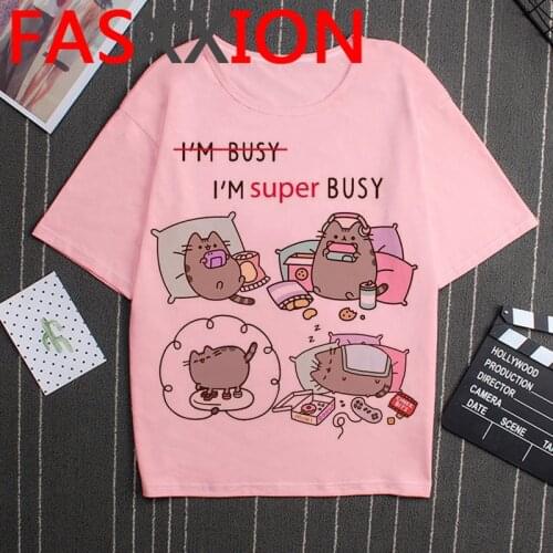 Kawaii Pusheen Cat T Shirt Women Cute Graphic Tees Funny Cat Shirt Ulzzang Korean Style T-shirt Plus Size Streetwear Female