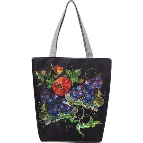 Female Canvas Handbag Fashion Colorful Embroidery Floral And Bird Printed Lady Shoulder Bag Summer Women Tote Eco Shopping Bag
