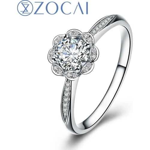 ZOCAI BRAND FLOWER NATURAL REAL 0.24 CT CERTIFIED H/ SI DIAMOND ENGAGEMENT RING ROUND CUT 18K WHITE GOLD W01658