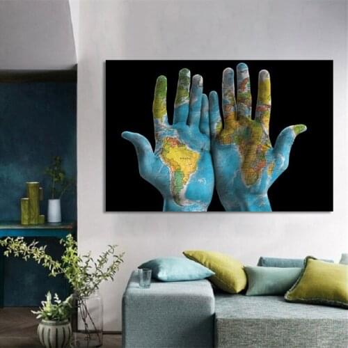 Creative World Map on Hands Posters and Prints Wall Art Canvas Painting Large Size Pictures for Living Room Home Decoration