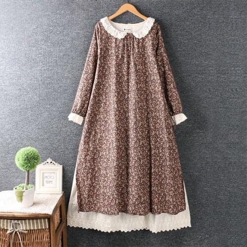 FairyNatural Women Quality Retro Japanese Style Lace Dresses Long Sleeve Ladies Rustic Flowers Print Cotton Layers Dress