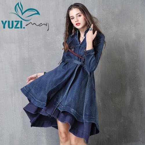 Jacket Women 2017 Yuzi.may Boho New Denim Coats Long Sleeve Stand Collar A-line Detachable Belt Flower Embroidery Coats B9223