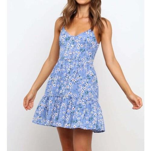 Summer Womens Vacation Ladies Spaghetti Strap Floral Printed V-Neck Dress Casual Beach Party MIni Dress Sunderss Vestidos#35