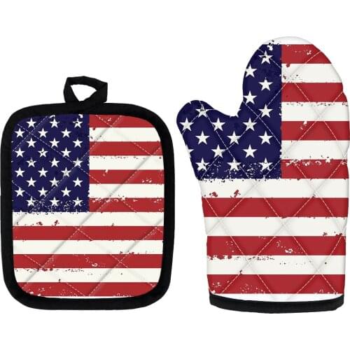 Kitchen Polyester Oven Glove and Pot pad Set Of 2 Art USA Flag Design Heat Resistant Gloves Non-Stick Anti-slip Cooking Oven Mit