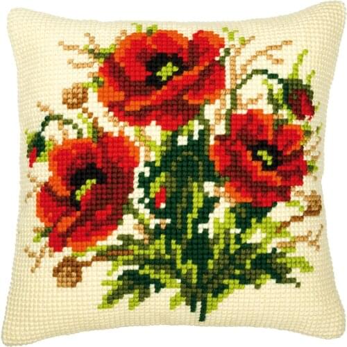 DIY Cross Stitch Cushion Cover Red Poppies Needlepoint Kits Printed Canvas Chunky Yarn Cross-stitch Pillow Case Arts & Crafts