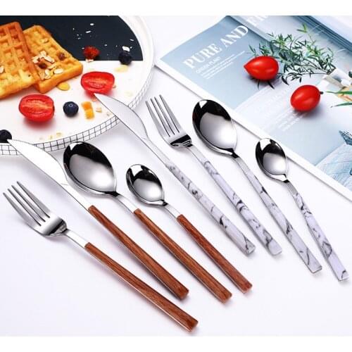 Stainless steel wood grain handle steak western dinner set, knife fork spoon 4 pieces