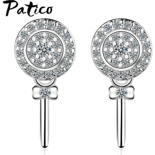 New Women 925 Sterling Silver Round Stud Earrings Cubic Zirconia Sweet Cute Mini Lollipop Shaped Cartilage Pierced Jewelry