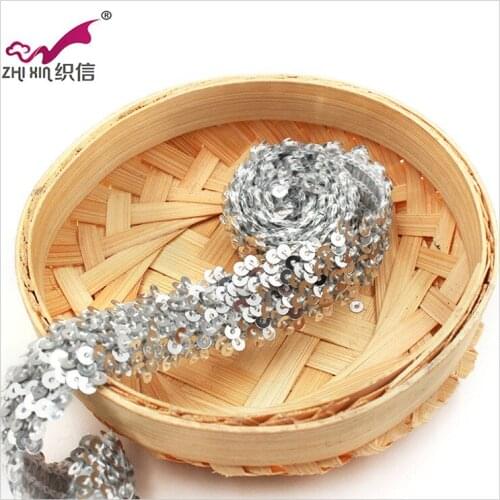 10Meters 20mm DIY Silver Sequins Stretch Ribbon Trim Fabric For Latin Dance Dress Costume Decoration Sewing Paillette Lace