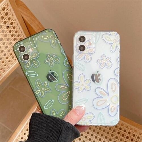 Clear White Green Line Flowers Phone Case For iPhone 11 12 Pro X XR XS Max 7 8 Plus SE 2020 Shockproof Soft Silicone Back Cover