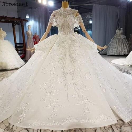 Off Shoulder Wedding Dress Plus Size Ball Gown Bridal Dress 2021 High Collar with 200CM Train Beads Top