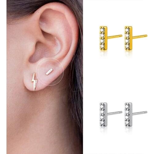 100% 925 Sterling Silver Zircon Small Stud Earrings For Women Girls Gold Color Cute Stick Bar I Letter Earring Studs Ear Jewelry