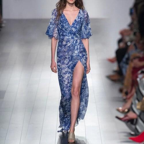 Vintage Blue Floral Printed Irregular Long Dresses for Women 2021 Summer Sexy Elegant V-neck Short Sleeve Chiffon Maxi Dress