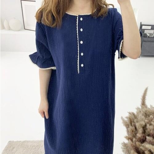 Korean Summer Nightgown Women O-Neck Short Sleeve Casual Cotton Long Sleepwear Lace Patchwork Buttons Home Clothes Homewear