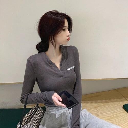 V-neck Bottoming Shirt Womens Spring and Summer New Style Thin and Versatile Long-sleeved Temperament Tight Top T-shirt