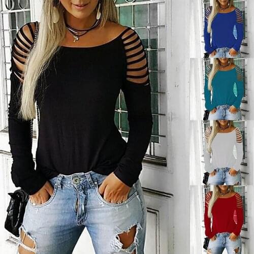 Women Sexy Hollow Out Cold Shoulder Long Sleeve Blouse AM1155