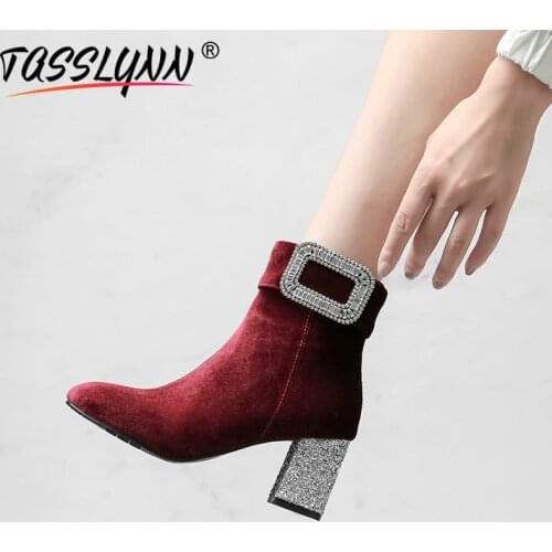 TASSLYNN 2019 Shoes Woman Elegant Velvet Ankle Boots for Women Basic Pointed Toe Hoof Heels Zip Spring/Autumn Womens Boots 34-43