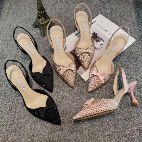 Koovan Women sandals New Diamond High Heels Shoes Female 2021 Spring Fairy Bowknot Cat Walk Sandals Shoes For Women Rhinestone
