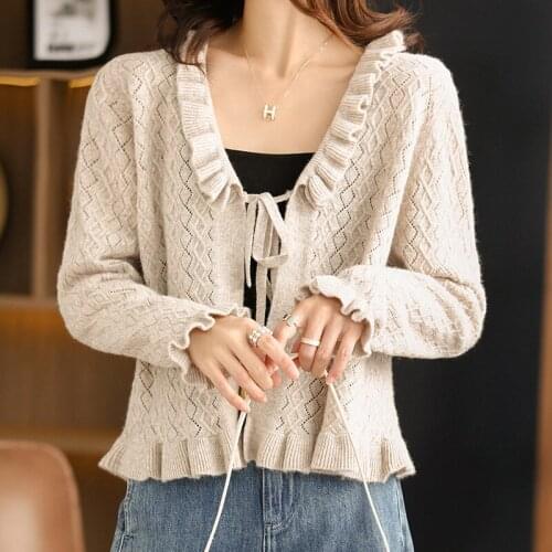 2021 Autumn and Winter New Cashmere Sweater Womens 100% Pure Wool V-neck Cardigan Casual Ruffle Knit Tops Plus Size Jacket Warm