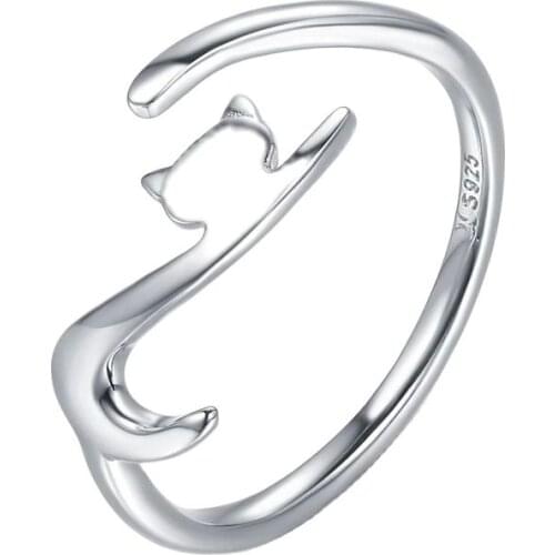 925 sterling silver cat with long tail ring ladies ring adjustable engagement ring jewelry fashion simple golden open ring