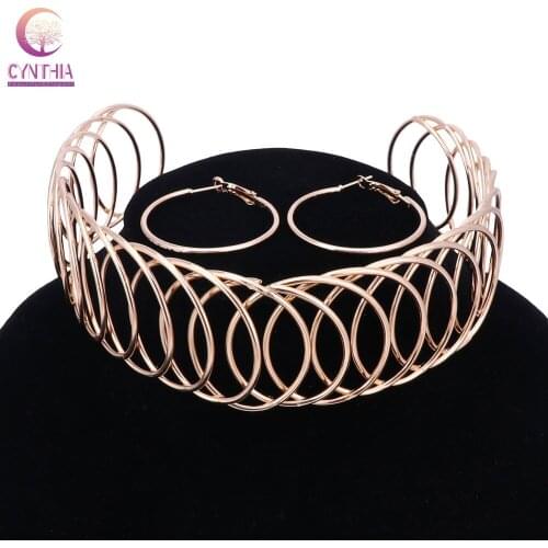 Punk Women Choker 2017 Circular Welding Metal Big Torques Statement Necklace Maxi Jewelry Collar Chunky Necklace earings