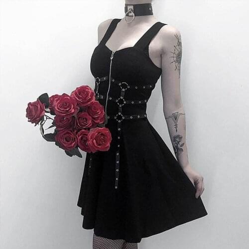 Darkness rivet Swing Dress Zipper Eyelet Punk Gothic Dresses For Women Summer Black Strapy A line Mini Vestido Goth Streetwear