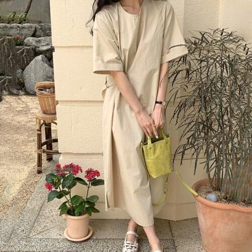 2021 New Women Summer Loose Straight Long Beige Dress Round Collar Side Waistbelt Casual Pullover Sundress