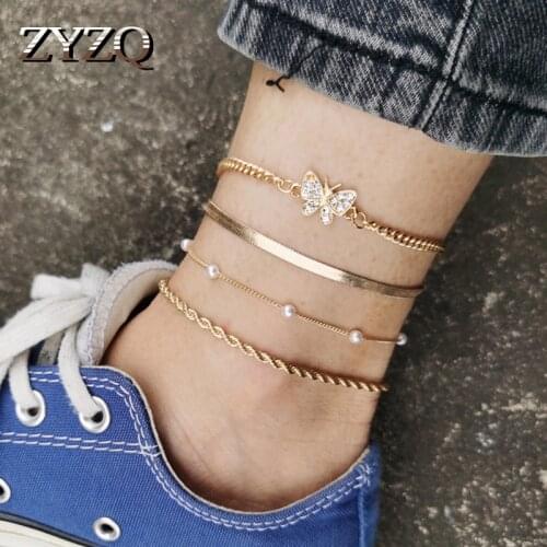 ZYZQ Hiphop Multi-layer Letter Anklet For Women Simple Temperament Metal Pendant White Butterfly Anklet Foot Ornament