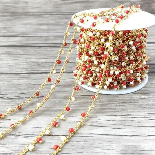 1Meter (1Meter=3.3ft) Gold plated Brass Beaded Chains,Chain with Glass Seed Beads,DIY Necklace Jewelry Finding Components L109
