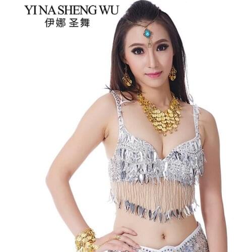 New 1Pc Women Stage & Dance Wear Belly Dance Sequined Beaded Bra Top Belly Dance Bra Hanging Beaded Fringe Sequins Bra 8 Colors