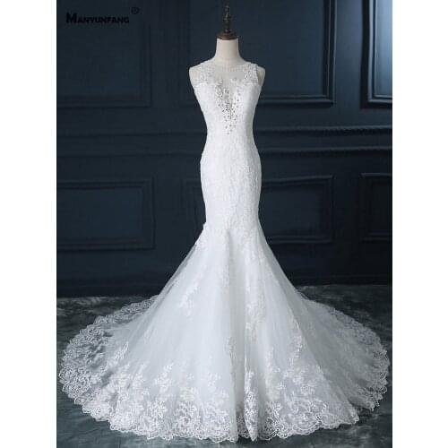 100% Real Embroidery Appliques Tulle Chapel Train Mermaid Wedding Dress Custom Made Sleeveless Crystal Pearls Bridal Gown