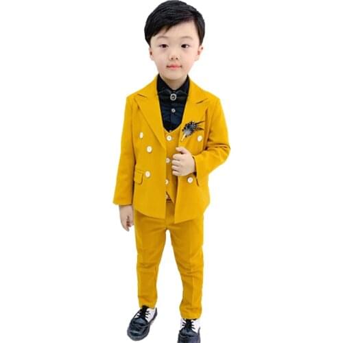 2021 Flower Boys Double breasted Formal Wedding Suit Kids Party Tuxedo Dress Childrens Day Performance Clothing Set Costume