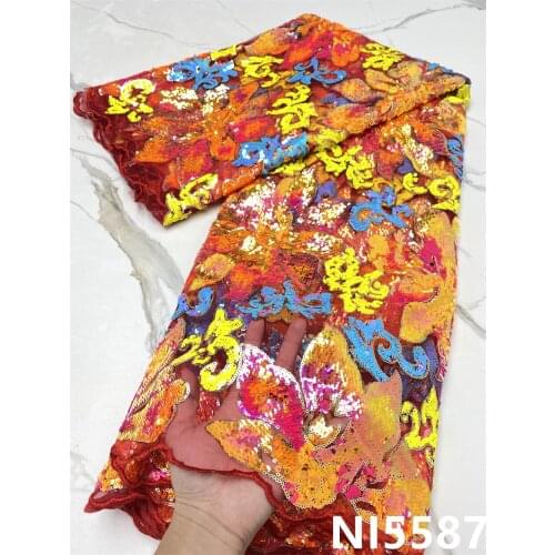 African Embroidery Tulle Lace Fabric with Sequins High Quality French Mesh Lace Fabric 5 Yards for Wedding Dress NI5587