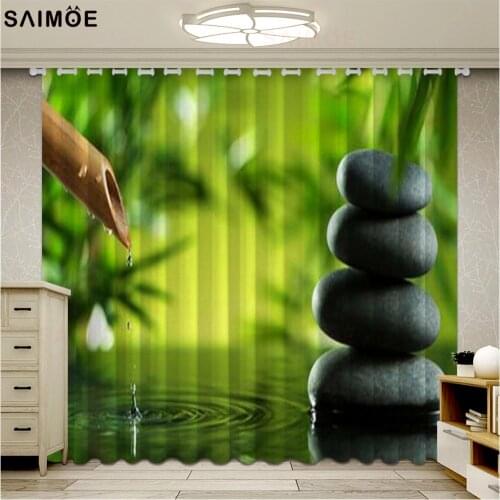Asian Zen Spring Water Black Stones Blackout Curtain For Living Room Green Bamboo Ultra-thin Micro Shading Cortina Bedroom Decor