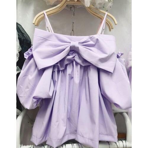 Off-Shoulder Strap Slash Neck Shirt Womens Blouse Female Korean Style Top 2020 Summer New Bow Sweet Shirt Blusas Mujer De Moda