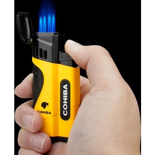 COHIBA Windproof Cigar Lighters Cigar Torch Jet 4 Flame Refillable Inflatable Butane Gas Lighter
