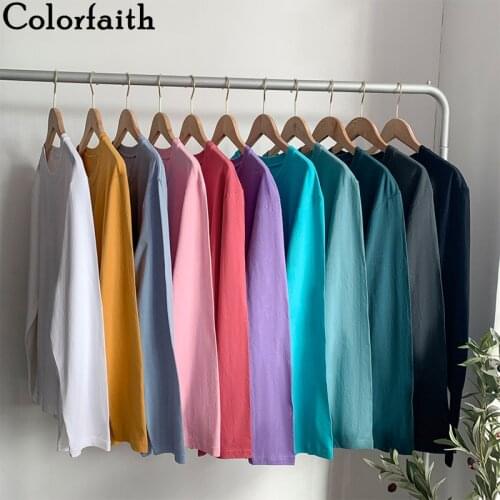 Colorfaith New 2021 Womens Spring Autumn T-shirts Bottoming Soild Fashionable Oversized Wild Plus Size Vintage Pink Tops T04C