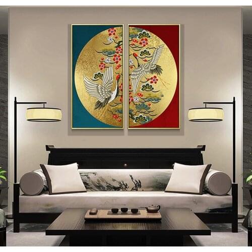 EECAMAIL DIY Full 5D Diamond Painting No Frame Chinese-style golden Fairy Crane Living Room Point Diamond Couplet Painting