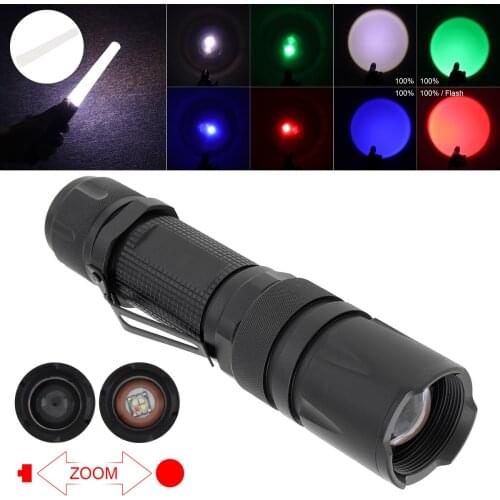 10W Red Green Blue White Flashlight 4 in 1 Zoomable Waterproof 5 Modes Multifunctional Tactical Torch with Glow Stick
