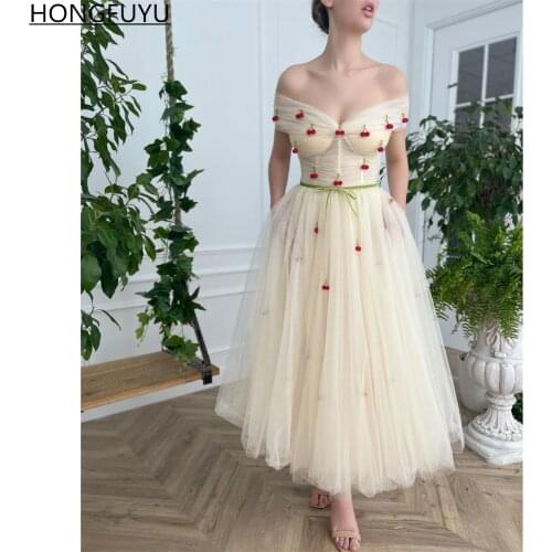 HONGFUYU Lovely Cherry Tulle Midi Prom Dresses Off Shoulder Tea-Length robes de cocktail with Pockets Wedding Party Gowns Custom