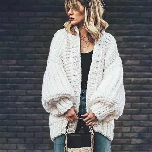 OMILKA Lantern Sleeve Cardigan Knitted Sweaters 2019 Autumn Winter Women Crocheted Open Stitch Loose Cardigans Sweaters Outwear