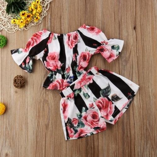 Cute Girls Stripe Floral Tunic Tops+Shorts Kids 2pcs Sets Children Casual Outfits Toddler Clothes Set