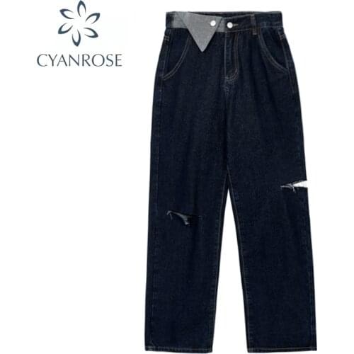 Fashion High-Waist Ripped Womens Jeans 2021 New Wide Leg Patchwork Casual Button Pocket Denim Pants Y2K Streetwear Autumn