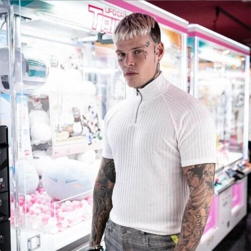 New Summer Fashion Knitted Short Sleeve T Shirts Men Gym Fitness Clothing Slim Fit Zipper Tshirt Bodybuilding Stretch tee shirt