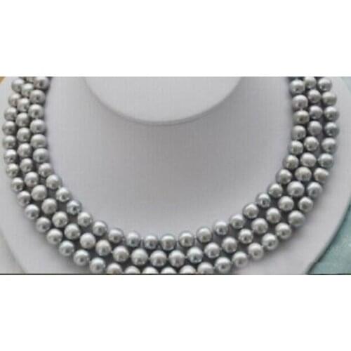 Hot 3row 8-9mm gray natural pearl necklace 17-19" Yellow clasp