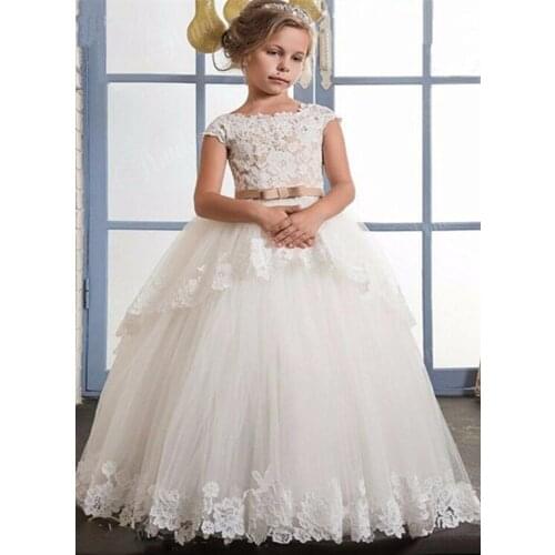 Cap Sleeves Flower Girl Dresses For Weddings Ball Gown Tulle Appliques Lace Tiered Long First Communion Dresses For Little Girls