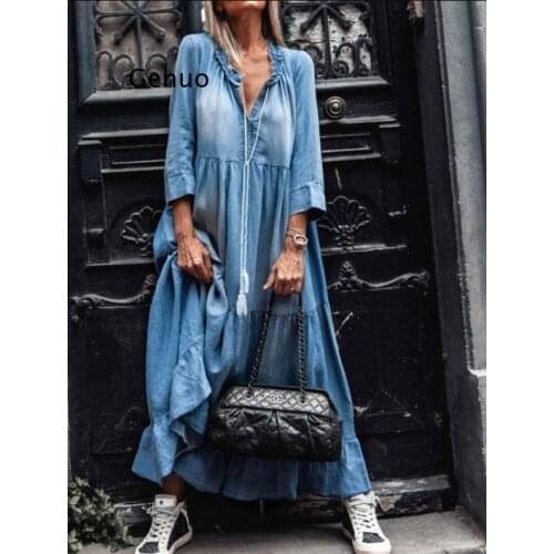 Plus Size Dress Denim Apparel Autumn Vintage Dress Women Lace V Neck 3/4 Sleeve Large Hem Tassel Loose Maxi Denim Dress